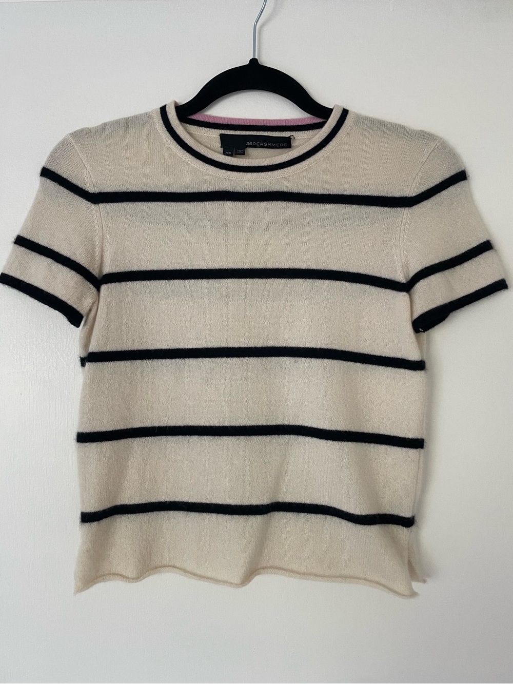 Cashmere Cream and Black Striped Short Sleeve Sweater